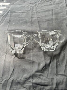 Vintage Duncan & Miller Clear Glass Open Sugar Bowl w Creamer Set